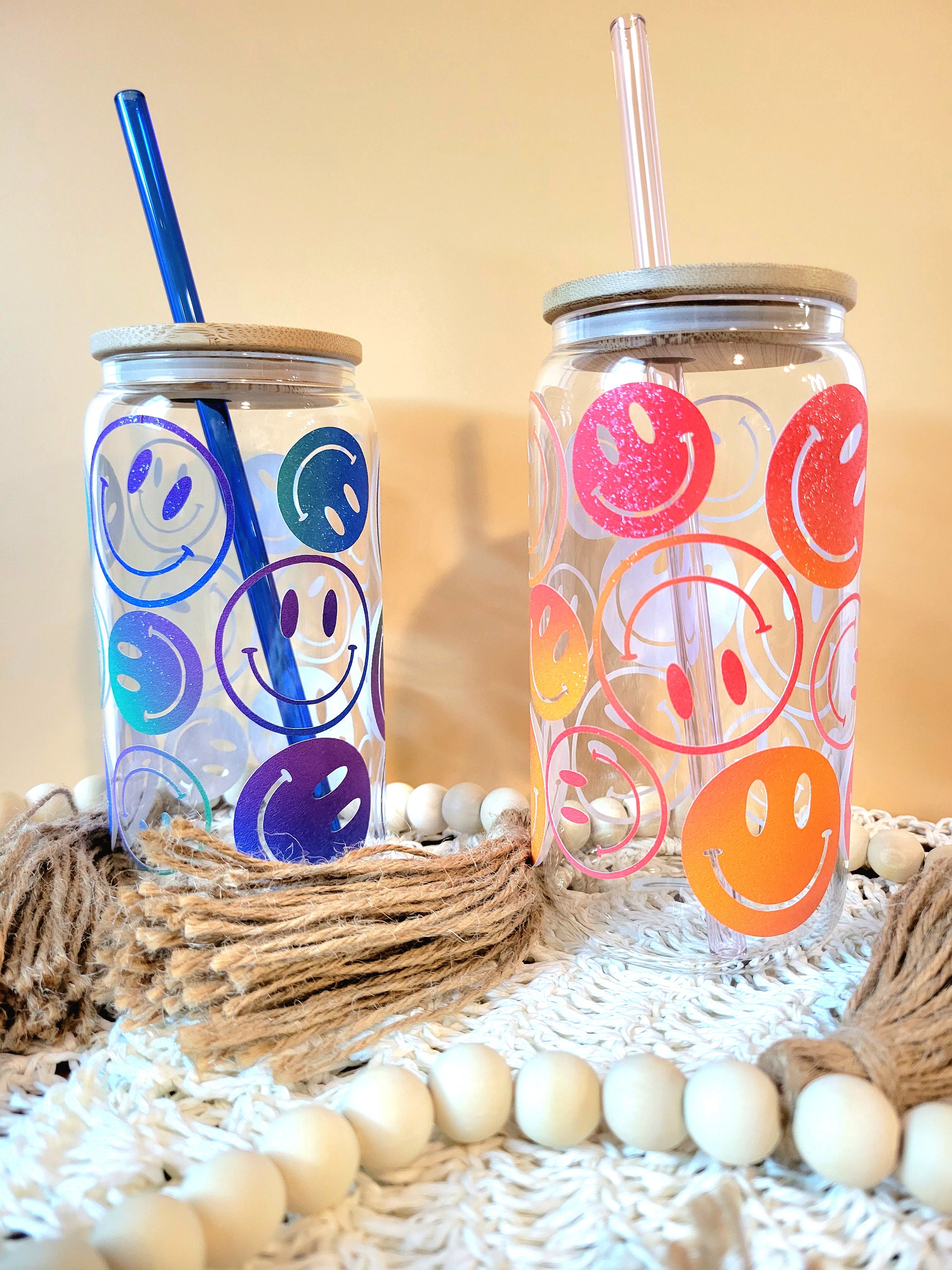 Personalized Outlined Smiley Face, Glass Beer Can with Bamboo Lid and –  www.