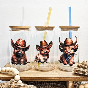 Western Highland Cow Glass Cup, Cow with Cowboy Hat, 16 oz Beer Can Glass with lid and straw, Hairy Cow, Gift for Cow Lover, Viral Glassware