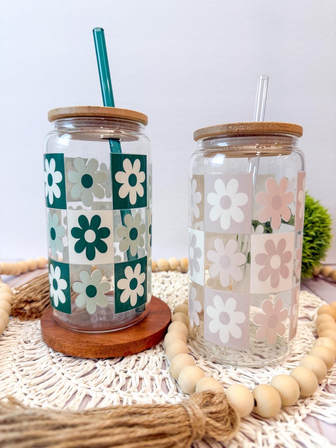 Retro Daisy Glass Iced Coffee Cup With Lid and Straw - Etsy New Zealand
