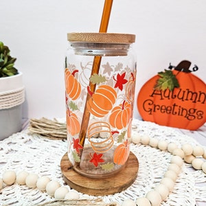 Herbstlaub Glasdose, Kürbis Soda Dosenglas, Herbst Boho Tasse, Kürbissaison, Herbstblätter, Ästhetische Eiskaffeetasse, Herbstgeschenke unter 30