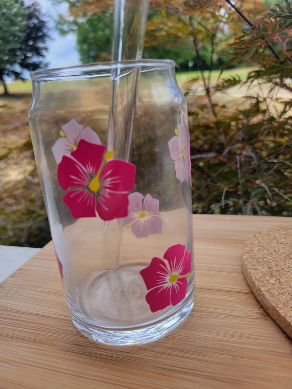 Boho Glass Coffee Cup, Pink Flower Glass Coffee Cup with Bamboo