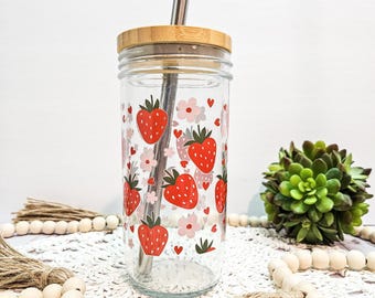Strawberry Glass Cup: 24 oz Mason Jar with Bamboo Lid