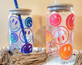 Smiley Daisy Glass Tumbler With Straw and Lid, Cute Cup Beer Can