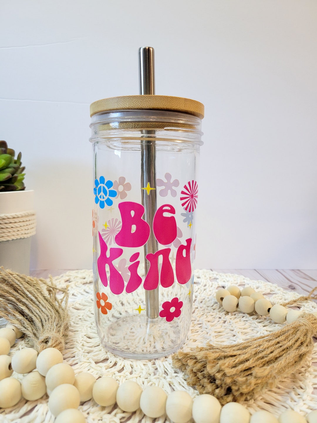 Be Kind Glass Cup, 24 Oz Glass Tumbler, Retro Daisy Glass Mason Jar