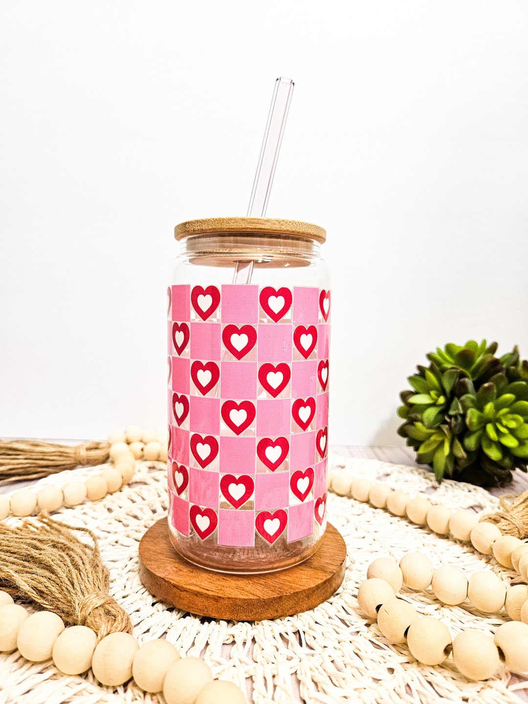 Hearts Glass Cup, Retro Checkered, Valentines Glass, 16 Oz Beer Can