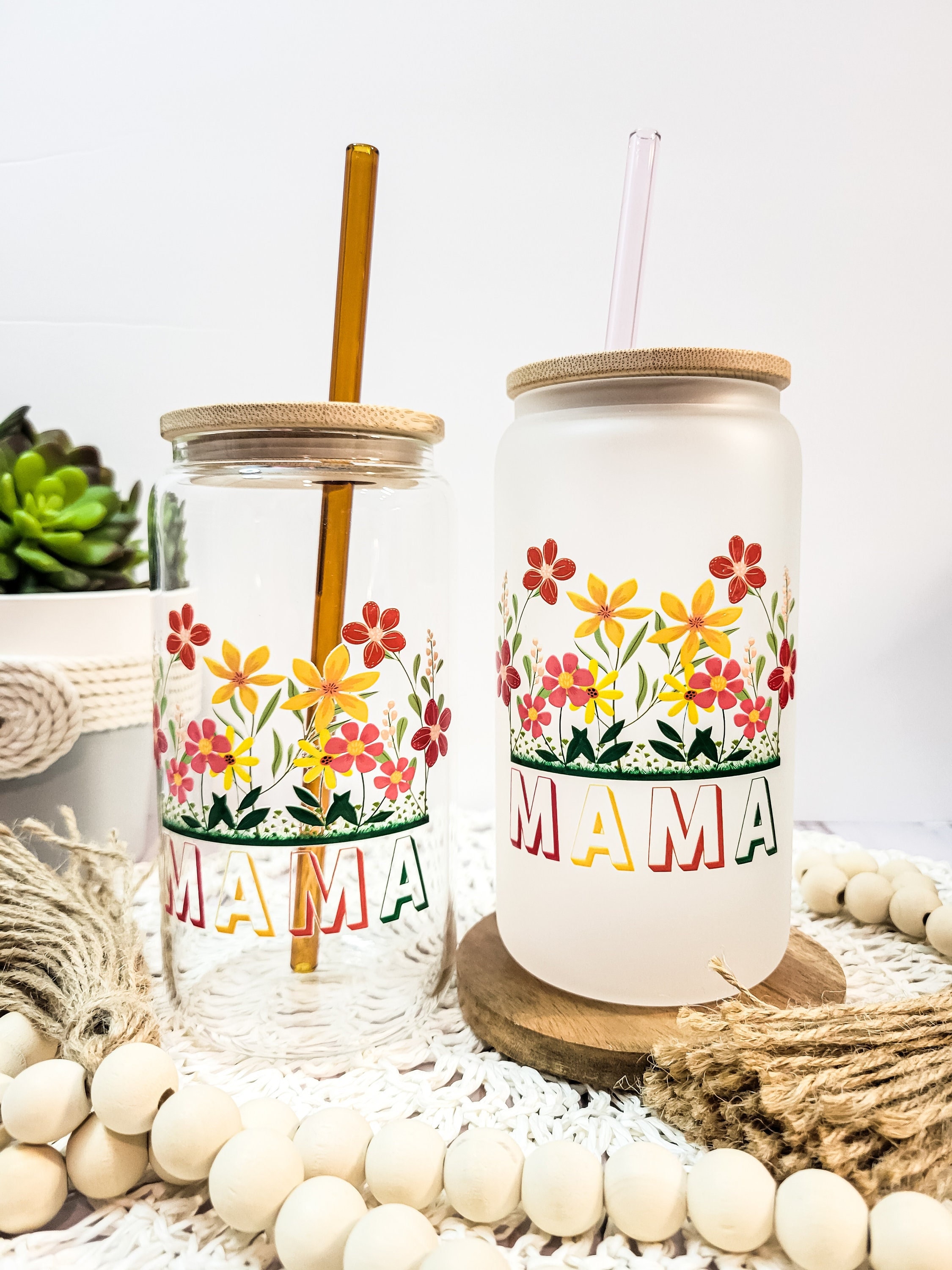 Glass Cup Bamboo Lid, Boho Flowers Tumbler, Floral Abstract Art Cup,  Aesthetic Beer Can Glass With Lid and Straw, Mothers Day Gift, UV Dtf 