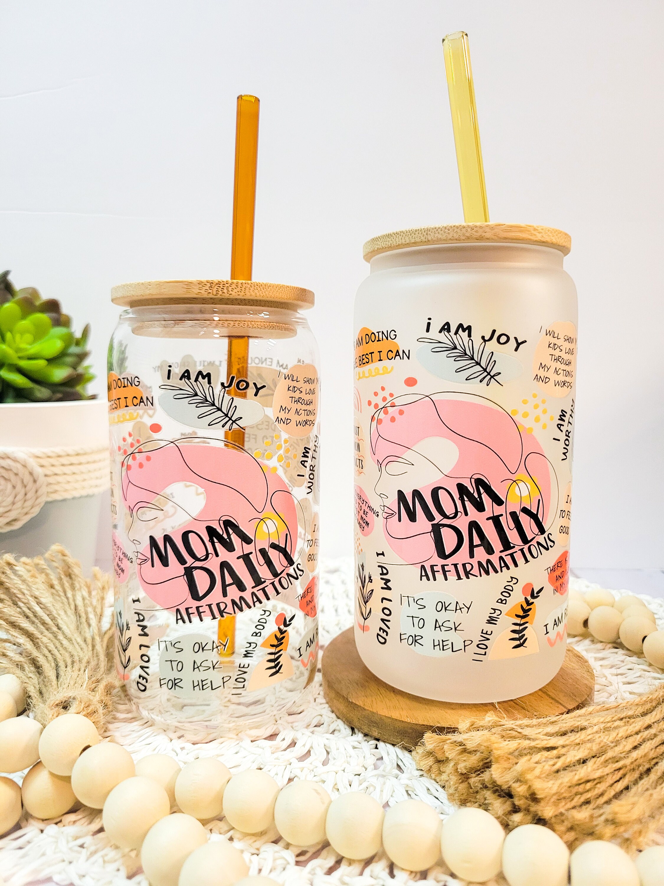 Positive Mom Affirmations iced coffee cup Glass 16oz