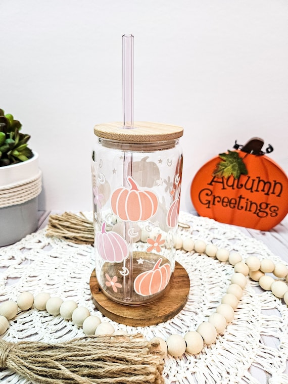 Pastel Pumpkin Can Glass, Fall Coffee Tumbler with Lid