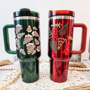 Christmas 40 oz Tumbler with Handle, Red or Green Tumbler, Christmas Trees, Insulated Tumbler with Handle and Straw, Christmas Gift for Her