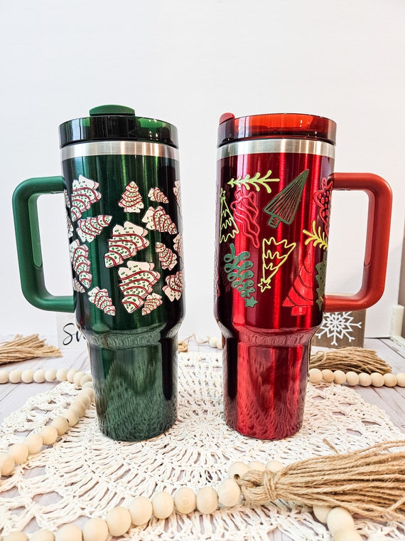 Christmas 40 Oz Tumbler With Handle, Red or Green Tumbler, Christmas Trees,  Insulated Tumbler With Handle and Straw, Christmas Gift for Her 