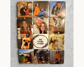 May include: A collection of twelve square photo coasters featuring various images of people, dogs, and a central logo tile with the text KY Crafts & Gifts surrounded by a leaf border. Each coaster displays a unique, high-quality printed photograph.