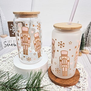 Nutcracker Glass Cup, Pink Christmas Iced Coffee Mug, 16 oz Can Shaped Glass, Festive Holiday Glassware, Snowflake, Trendy Gift for Exchange