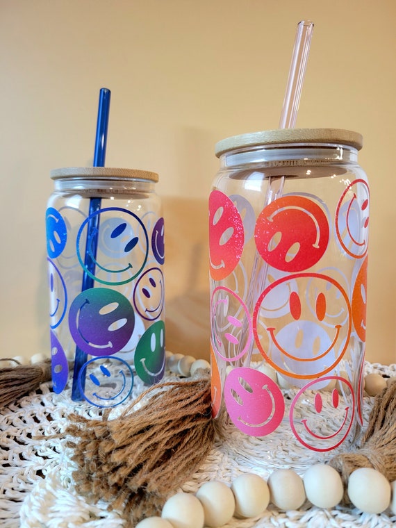 16 Oz Smiley Face Glass Cup With Bamboo Lid and Straw, Aesthetic Coffee Cup,  Favorite Coffee Cup, Coffee Glass Cup 