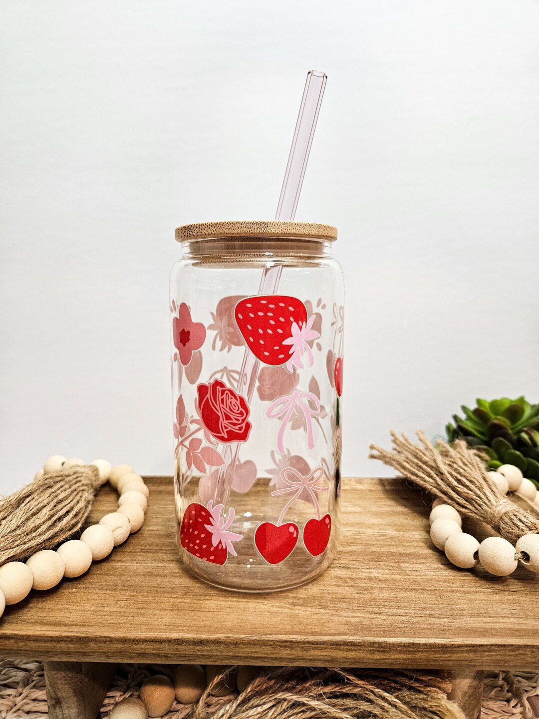 Pink Bows Glass Cup, Trendy Coquette Cup, Coquette Cherries, Strawberry ...