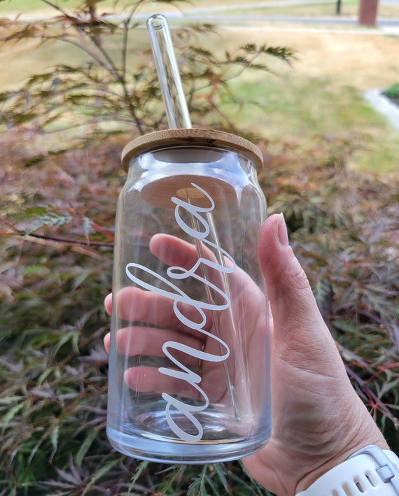 Boho Glass Can with Bamboo Lid and Glass Straw