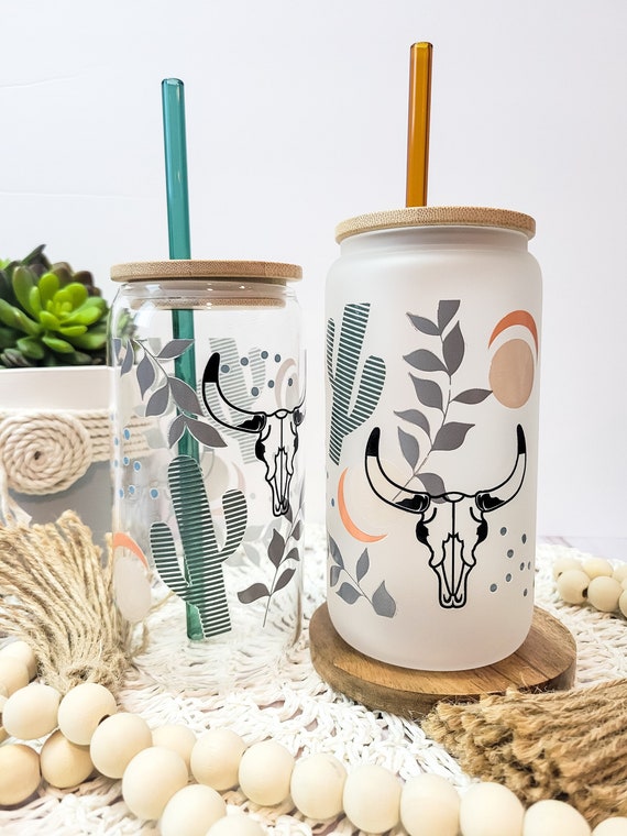 Engraved Glass Tumbler With Straw and Lid Boho Style Tumbler