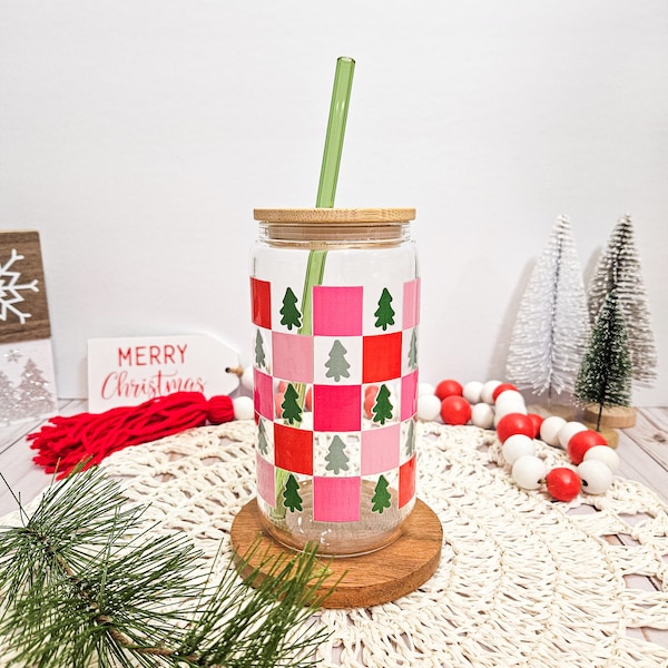 Christmas Tree Checkered Glass, Iced Coffee Glass Can, Holiday Glass Coffee Cup with lid and straw, Libbey Beer Can Glass, Pink Christmas