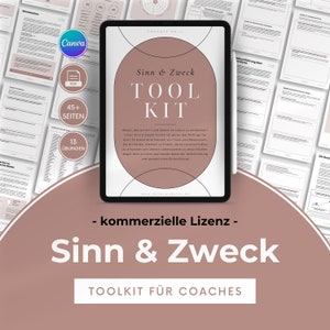 Könnte beinhalten: Ein digitales Tablet zeigt eine rosa-weiße Grafik mit dem Text "Sinn & Zweck TOOL KIT" und dem Slogan "kommerzielle Lizenz - Sinn & Zweck TOOLKIT FÜR COACHES".