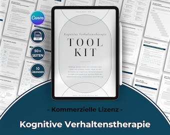 May include: A digital tablet displaying a toolkit for cognitive behavioral therapy. The toolkit includes 50+ pages and 10 exercises. The text on the tablet reads "Cognitive Behavioral Therapy Toolkit".