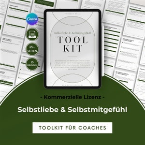 Puede incluir: Un kit de herramientas digital para coaches, titulado "Self-Love & Self-Compassion". La tableta muestra la portada del kit de herramientas, con las palabras "TOOL KIT" en letras grandes. La imagen también muestra varias páginas del kit de herramientas y los logotipos de Canva y PDF.