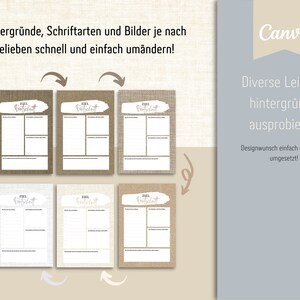 May include: Four different versions of a printable 2021 goal planner with a burlap background. The planner has a section for goals, action steps, and notes. The text "ZIEL" is written in cursive on the top of the planner.