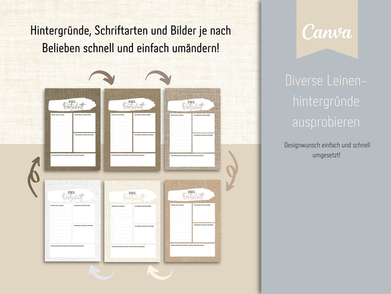 May include: Four different versions of a printable 2021 goal planner with a burlap background. The planner has a section for goals, action steps, and notes. The text "ZIEL" is written in cursive on the top of the planner.