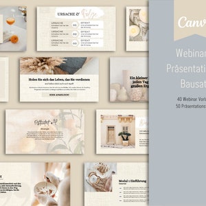 May include: A Canva presentation template set with a beige and brown color scheme. The template features images of dried flowers, a potted plant, and a bowl of cereal. The text on the template reads "Webinar & Pr&auml;sentationen Bausatz 40 Webinar Vorlagen 50 Pr&auml;sentationsfolien".