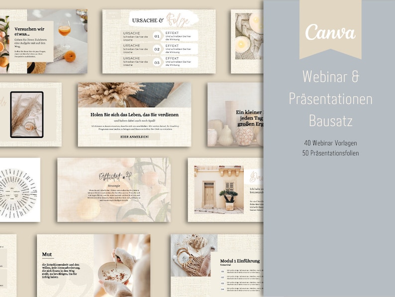 May include: A Canva presentation template set with a beige and brown color scheme. The template features images of dried flowers, a potted plant, and a bowl of cereal. The text on the template reads "Webinar & Pr&auml;sentationen Bausatz 40 Webinar Vorlagen 50 Pr&auml;sentationsfolien".
