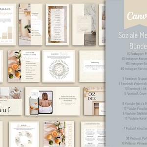 May include: A Canva social media bundle for businesses, featuring a variety of templates for Instagram, Facebook, YouTube, and Pinterest. The bundle includes 60 Instagram posts, 40 Instagram carousel posts, 60 Instagram stories, 40 Instagram carousel stories, 5 Facebook group covers, 5 Facebook event images, 10 Facebook link posts, 5 Facebook cover images, 8 YouTube intros and outros, 10 YouTube preview images, 5 YouTube title screens, 10 YouTube channel art, 7 podcast preview images, 30 Pinterest templates, and 10 Pinterest board covers.