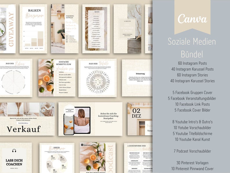 May include: A Canva social media bundle for businesses, featuring a variety of templates for Instagram, Facebook, YouTube, and Pinterest. The bundle includes 60 Instagram posts, 40 Instagram carousel posts, 60 Instagram stories, 40 Instagram carousel stories, 5 Facebook group covers, 5 Facebook event images, 10 Facebook link posts, 5 Facebook cover images, 8 YouTube intros and outros, 10 YouTube preview images, 5 YouTube title screens, 10 YouTube channel art, 7 podcast preview images, 30 Pinterest templates, and 10 Pinterest board covers.