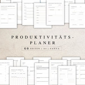Könnte beinhalten: Ein Produktivitätsplaner mit 60 Seiten, konzipiert für A4-Papier und mit Canva erstellt. Der Planer enthält Abschnitte für die tägliche, wöchentliche und monatliche Planung sowie für die Gewohnheitsverfolgung und Zielsetzung.