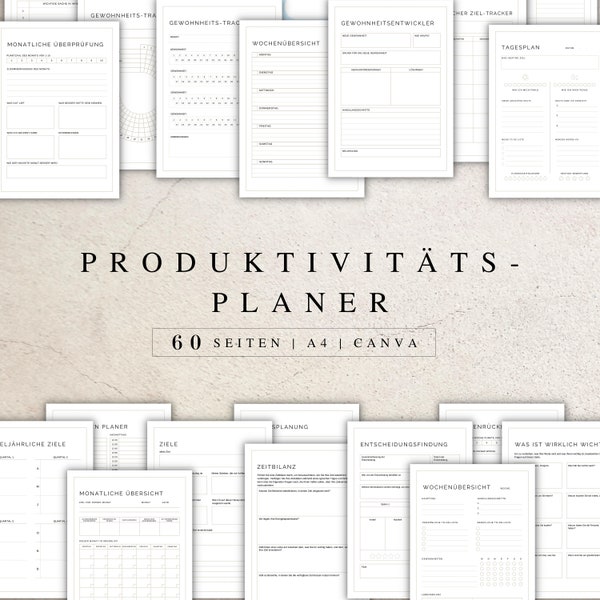 Productivity planner as Canva version in German (A4) | Planner to print out or use digitally | 60 pages to customize