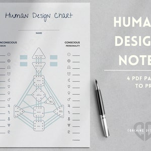 Könnte beinhalten: Ein druckbares Human Design Chart mit detailliertem Diagramm und dem Text "Human Design Chart". Die Tabelle enthält Abschnitte für "Unconscious Design" und "Conscious Personality". Ein Stift liegt auf der grauen Oberfläche.