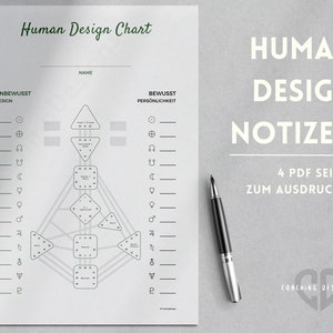 May include: A printable Human Design Chart with a black and white design. The chart is divided into two sections: Unconscious Design and Conscious Personality. The chart includes a diagram with symbols and lines. The text "Human Design Notizen" is in large white letters on a gray background. The text "4 PDF Seiten zum Ausdrucken" is in smaller white letters below the title. The text "Coaching Designs" is in white letters with a heart symbol.