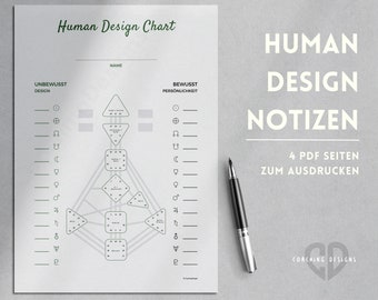 Op de afbeelding: Een printbare Human Design Chart met een zwart-wit ontwerp. De kaart is verdeeld in twee secties: Onbewust Design en Bewust Persoonlijkheid. De kaart bevat een diagram met symbolen en lijnen. De tekst "Human Design Notizen" staat in grote witte letters op een grijze achtergrond. De tekst "4 PDF Seiten zum Ausdrucken" staat in kleinere witte letters onder de titel. De tekst "Coaching Designs" staat in witte letters met een hart symbool.