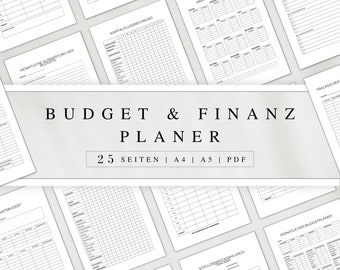 Può includere: Un planner di budget e finanze stampabile in bianco e nero con il testo "BUDGET & FINANZ PLANER 25 SEITEN | A4 | A5 | PDF" sulla copertina.