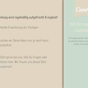 May include: A Canva graphic with a light green background and white text. The text reads: "Die Sammlung wird regelm&auml;&szlig;ig aufgefrischt & erg&auml;nzt!"  "+ Fortlaufende Erweiterung der Vorlagen"  "+ Gerne setzen wir Deine Ideen um, je nach Input auch kostenfrei!"  "+ Melde Dich gerne bei uns, falls Du Fragen oder Unklarheiten hast. Wir freuen uns darauf Dich kennenzulernen!"  The right side of the graphic has a white banner with the text "Canva" in black. Below the banner is a light green box with the text "Halt dich auf dem Laufenden!" in white. Below that is a smaller light green box with the text "Die Vorlagen werden stets erweitert und der gekauften Datei hinzugef&uuml;gt - Einmal kaufen, immer profitieren!" in white.