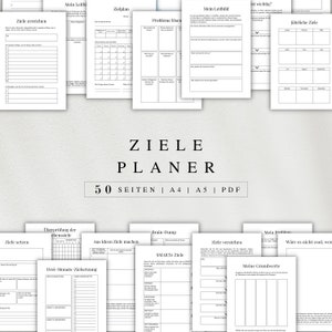 May include: A black and white printable goal planner with the title "ZIELE PLANER" and the text "50 SEITEN | A4 | A5 | PDF". The planner includes sections for setting goals, brainstorming, understanding goals, and tracking progress.