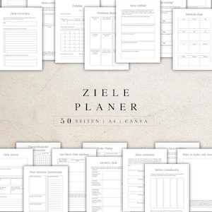Puede incluir: Un planificador de objetivos imprimible en blanco y negro con el título "ZIELE PLANER" y el texto "50 SEITEN | A4 | CANVA". El planificador incluye secciones para establecer objetivos, hacer una lluvia de ideas y realizar un seguimiento del progreso.
