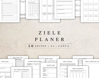 Può includere: Un planner di obiettivi stampabile in bianco e nero con il titolo "ZIELE PLANER" e il testo "50 SEITEN | A4 | CANVA". Il planner include sezioni per impostare gli obiettivi, fare brainstorming e tenere traccia dei progressi.