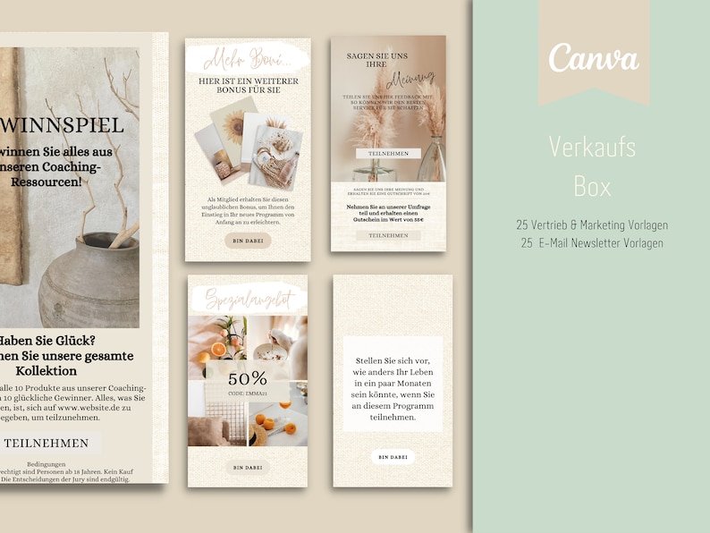 May include: A set of four digital marketing templates with a beige background and a light brown border. The templates feature images of dried flowers and plants, and text in German. The text on the templates includes "Spezialangebot", "50%", "Code: Einmal", "Teilnehmen", "Sagen Sie uns Ihre Meinung", "Teilnehmen", "Hier ist ein weiterer Bonus f&uuml;r Sie", "Bin dabei", "Willkommen zu unserer Umfrage und erhalten Sie einen Einblick in den Wert von ...", "Teilnehmen", "Stellen Sie sich vor, wie anders Ihr Leben in ein paar Monaten sein k&ouml;nnte, wenn Sie an diesem Programm teilnehmen.", "Bin dabei", "Haben Sie Gl&uuml;ck? Gewinnen Sie unsere gesamte Kollektion", "Alle 10 Produkte aus unserer Coaching-Kollektion", "10 gl&uuml;ckliche Gewinner. Alles, was Sie tun m&uuml;ssen, ist, sich auf www.website.de zu registrieren, um teilzunehmen.", "Teilnehmen", "Bedingungen", "Teilnahmeberechtigt sind Personen ab 18 Jahren. Kein Kauf erforderlich. Die Entscheidungen der Jury sind endg&uuml;ltig."