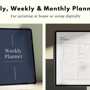 May include: Two digital tablet screens displaying weekly and daily planner templates. The weekly planner screen is dark blue with white text that reads "Weekly Planner" and "Organize Prioritize Succeed". The daily planner screen is white with black text and icons. The text reads "Daily Planner" and includes sections for mood, water intake, today's appointments, exercise, work tracker, meal tracker, and for tomorrow.