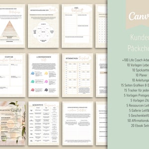 May include: A Canva graphic with a collage of images showing different printable worksheets and templates for life coaches. The text "Canva Kunden P&auml;ckchen" is at the top of the image. The text below lists the different items included in the package, such as life coach worksheets, templates, and planners.