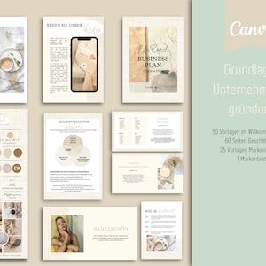 May include: A set of 10 printable pages for a business plan, including a welcome package, a 60-page business plan, 25 brand guidelines, and a brand board. The pages are designed in a minimalist style with a neutral color palette of beige, brown, and white.