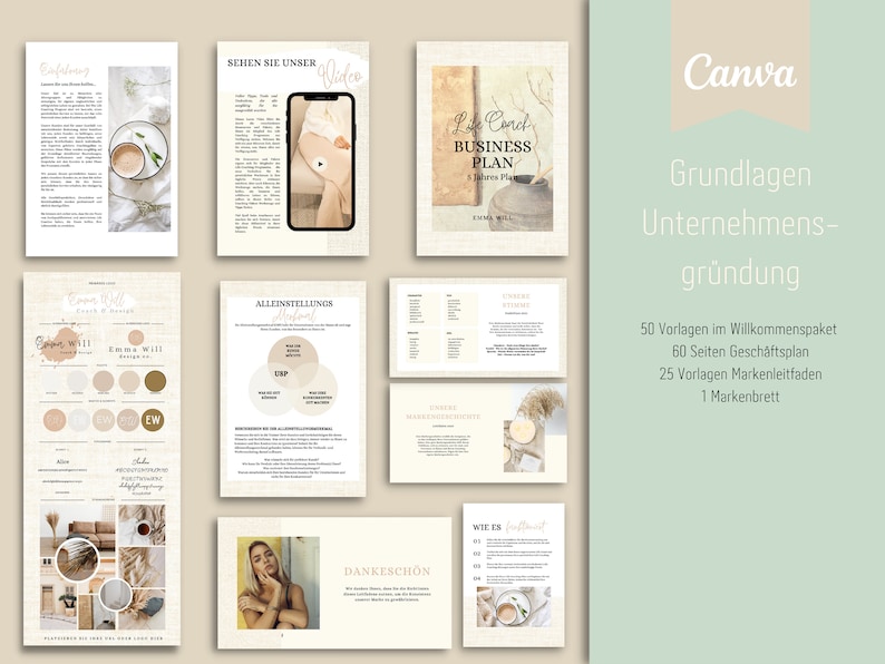 May include: A set of 10 printable pages for a business plan, including a welcome package, a 60-page business plan, 25 brand guidelines, and a brand board. The pages are designed in a minimalist style with a neutral color palette of beige, brown, and white.