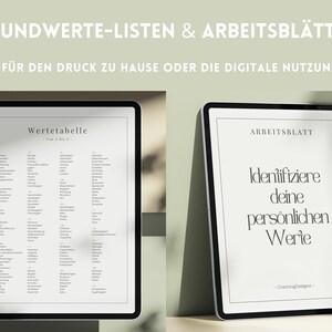 May include: Two digital tablets, one displaying a list of values and the other displaying a worksheet titled "Identify your personal values".