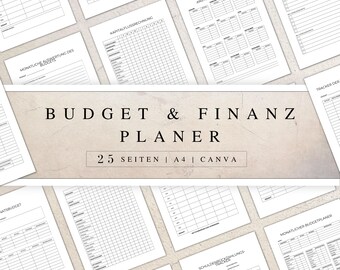 Può includere: Un'immagine in bianco e nero di un planner di budget e finanza con il testo "BUDGET & FINANZ PLANER" e "25 SEITEN | A4 | CANVA". Il planner include pagine per tenere traccia delle entrate, delle spese e dei risparmi.