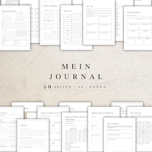 Puede incluir: Un conjunto de páginas de diario imprimibles en blanco y negro, diseñadas para la planificación, el establecimiento de objetivos y la autorreflexión. Las páginas presentan texto en alemán e incluyen diseños para la planificación diaria y semanal. El título "MEIN JOURNAL" es visible.