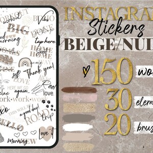 May include: Beige and nude Instagram stickers with 150 words, 30 elements, and 20 brushes. The stickers feature a variety of phrases and designs, including "workout", "good morning", "goals", "love", "relax", "work", "hello weekend", "road trip", and more.