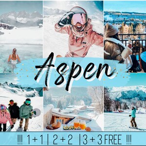 Puede incluir: Un collage de fotos que muestran la belleza de Aspen, Colorado. Las fotos presentan montañas nevadas, una mujer nadando en un lago congelado, personas haciendo snowboard y una cabaña acogedora con vistas. El texto "Aspen" está escrito en cursiva negra sobre un fondo azul con purpurina dorada.